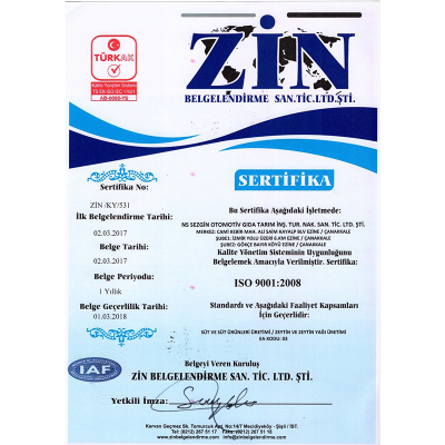 ISO 9001:2008 Kalite Sertifikası